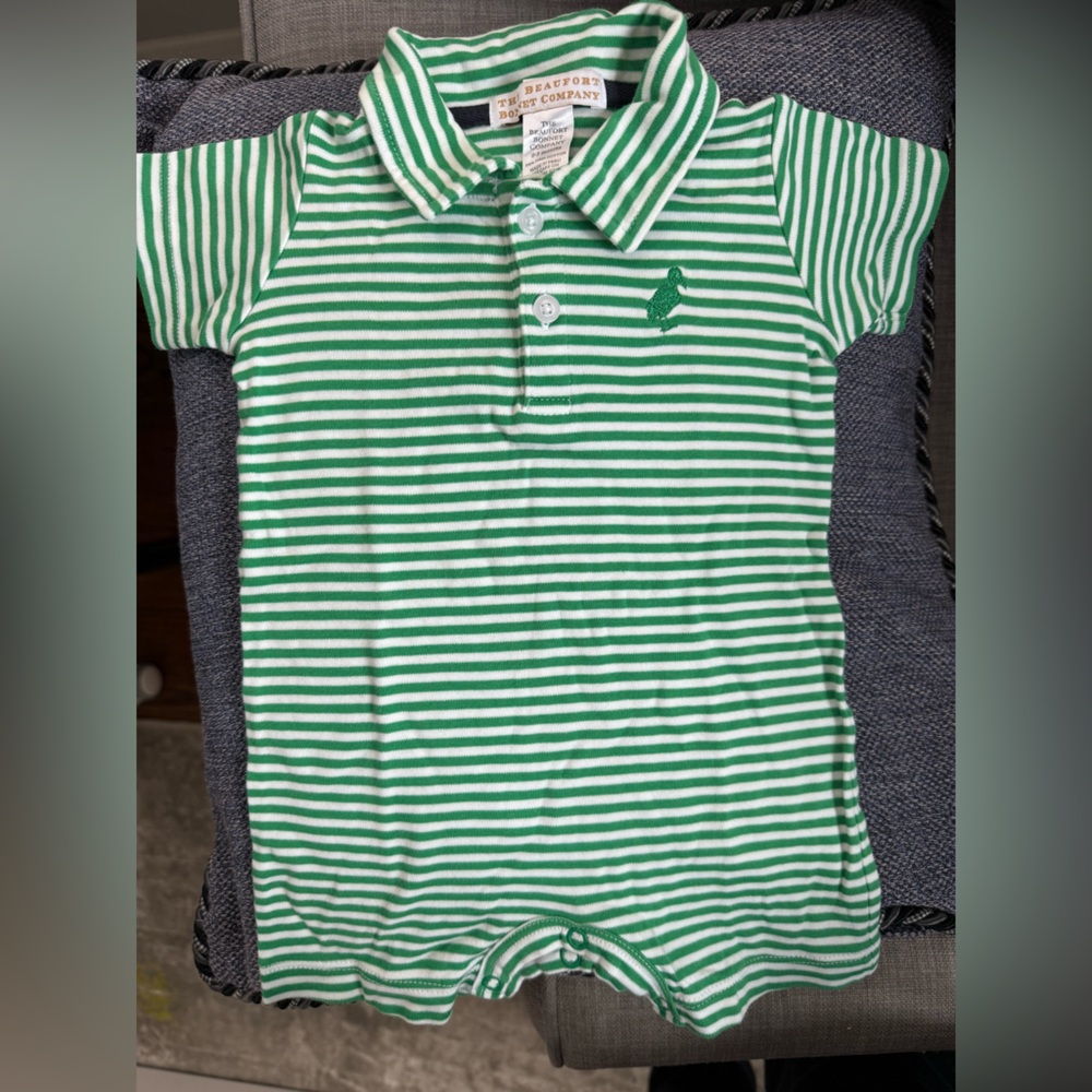 Beaufort Bonnet Company 0-3M Green Striped baby polo onesie